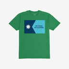 Minnesota No Kings Flag Shirt featuring a solid-green base with a distressed graphic of a star and slogan, symbolizing resistance and freedom, embodying the spirit of personal autonomy and equality.