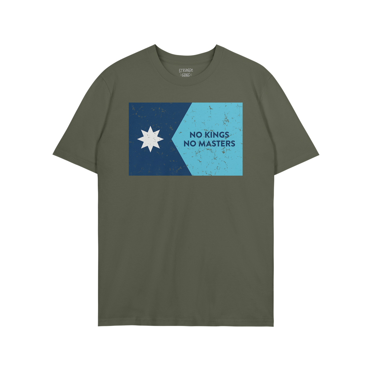 Minnesota No Kings Flag Shirt featuring a solid-green base with a distressed graphic of a star and slogan, symbolizing resist