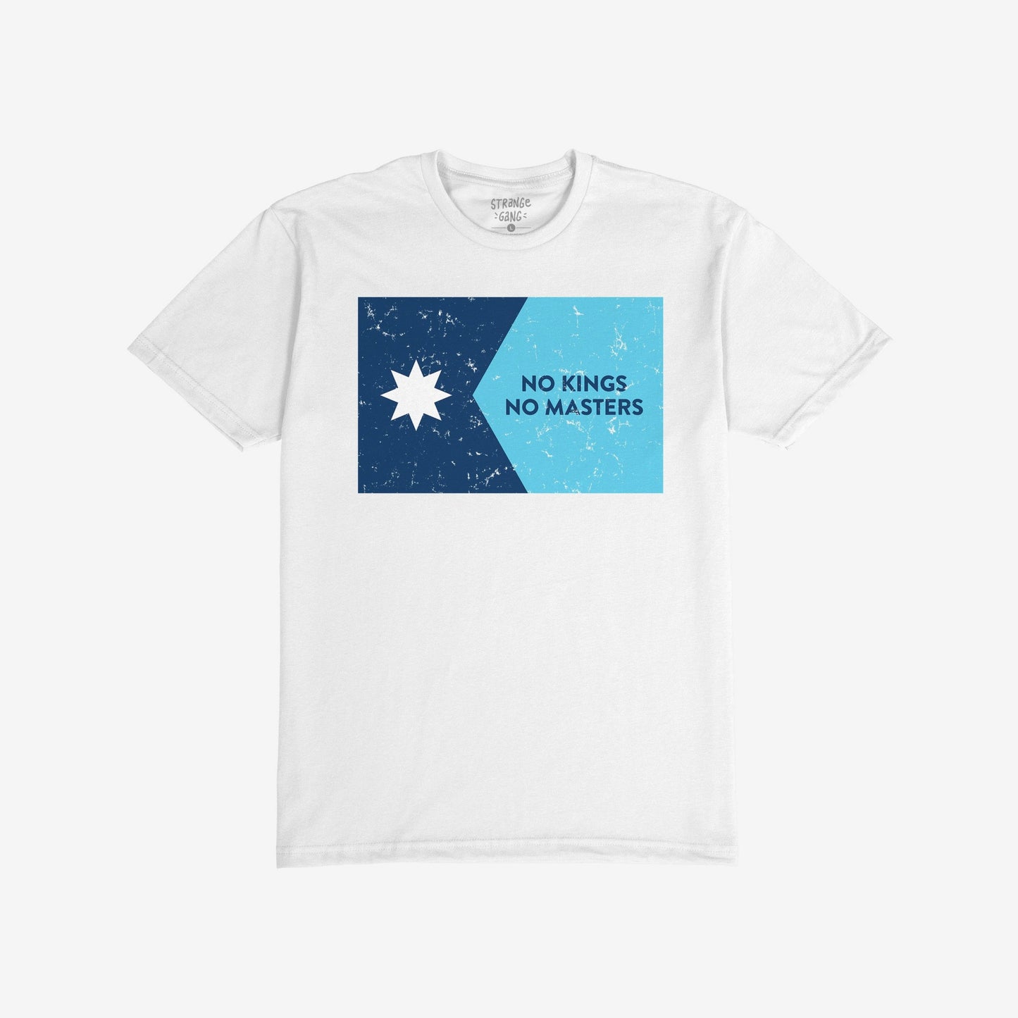 Minnesota No Kings Flag Shirt features a two-tone blue graphic with a vintage-distressed star and slogan, embodying resistance and freedom. Ideal for those opposing authoritarianism and supporting equality.