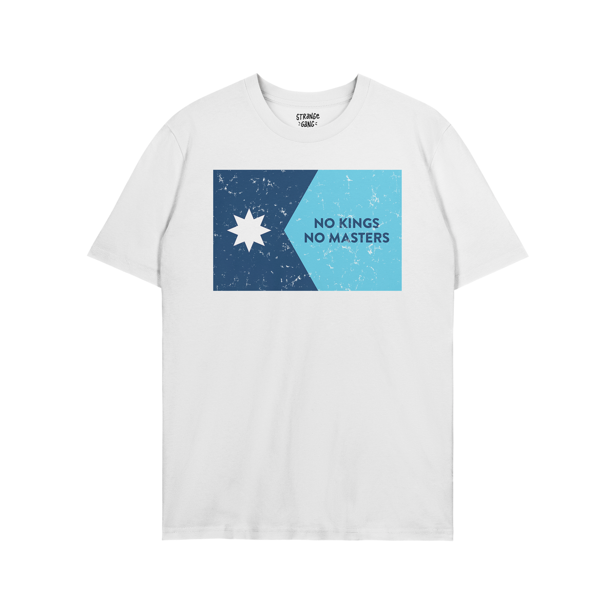 Minnesota No Kings Flag Shirt features a two-tone blue graphic with a vintage-distressed star and slogan, embodying resistanc