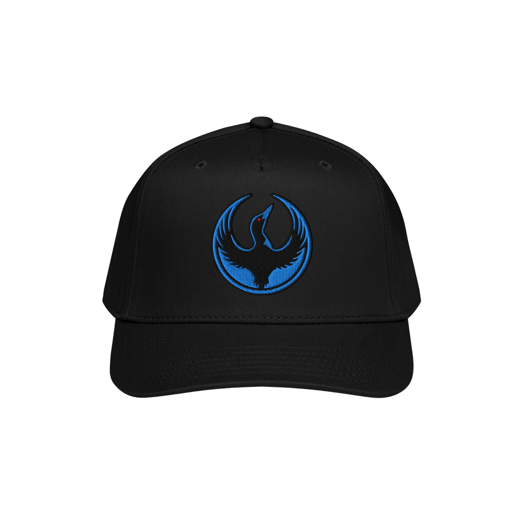 The Minnesota Rebel Alliance Hat features a black baseball cap with a curved brim, highlighted by a bright blue stylized bird