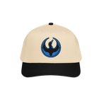 Minnesota Rebel Alliance Hat: A two-tone baseball cap with a light tan crown, black brim, and an embroidered black bird emble