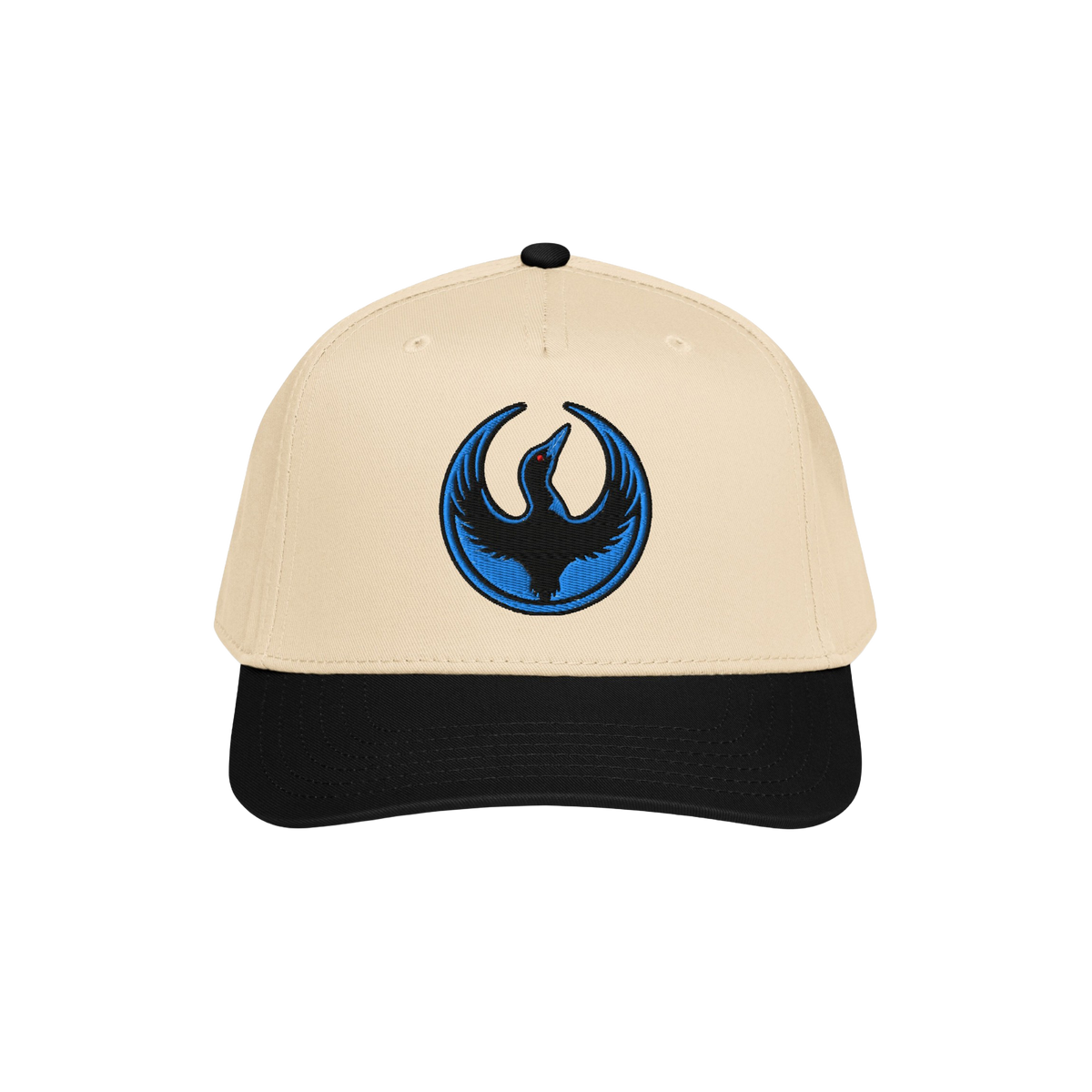 Minnesota Rebel Alliance Hat: A two-tone baseball cap with a light tan crown, black brim, and an embroidered black bird emble