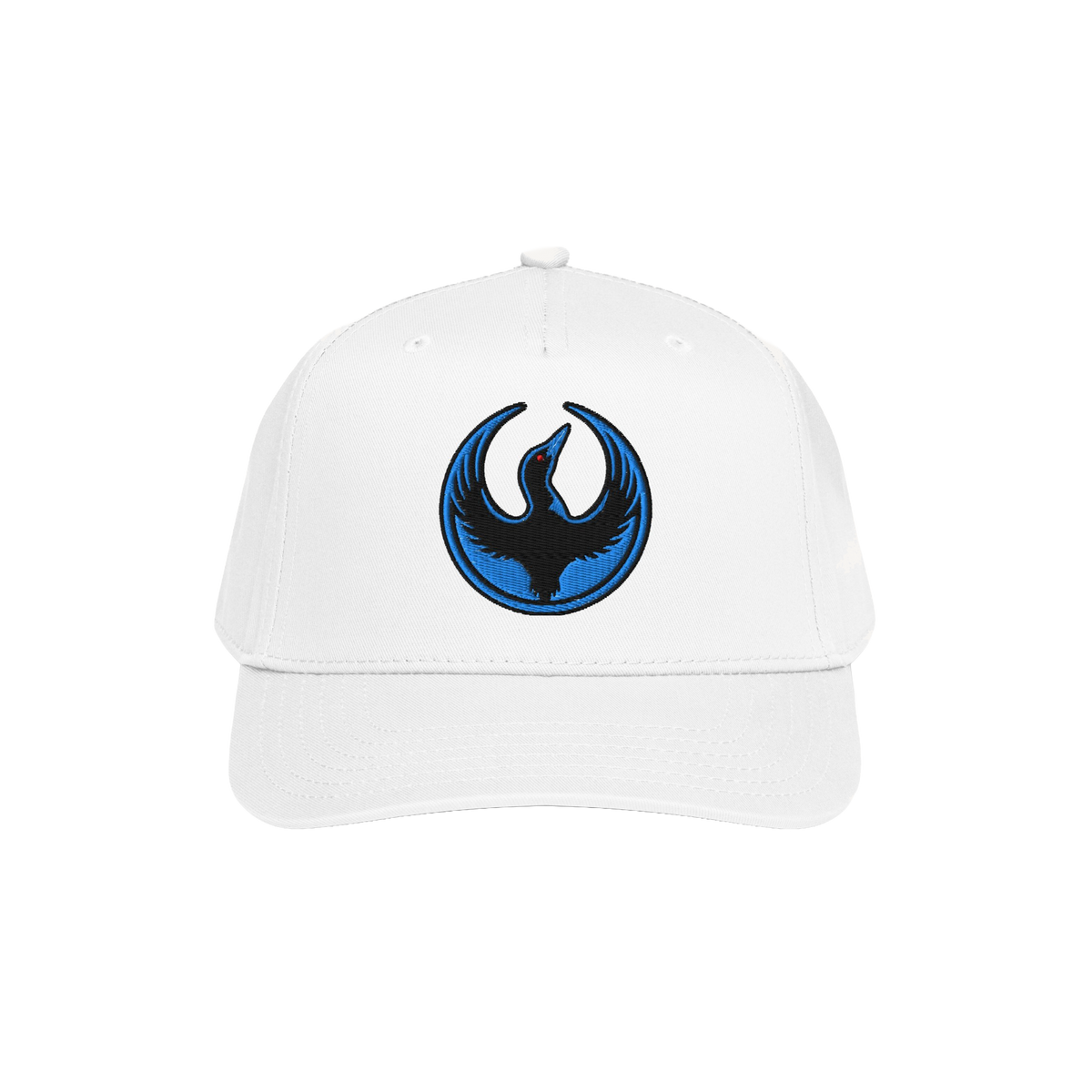 Minnesota Rebel Alliance Hat features a white baseball-style cap with an embroidered emblem of a stylized black bird with blu