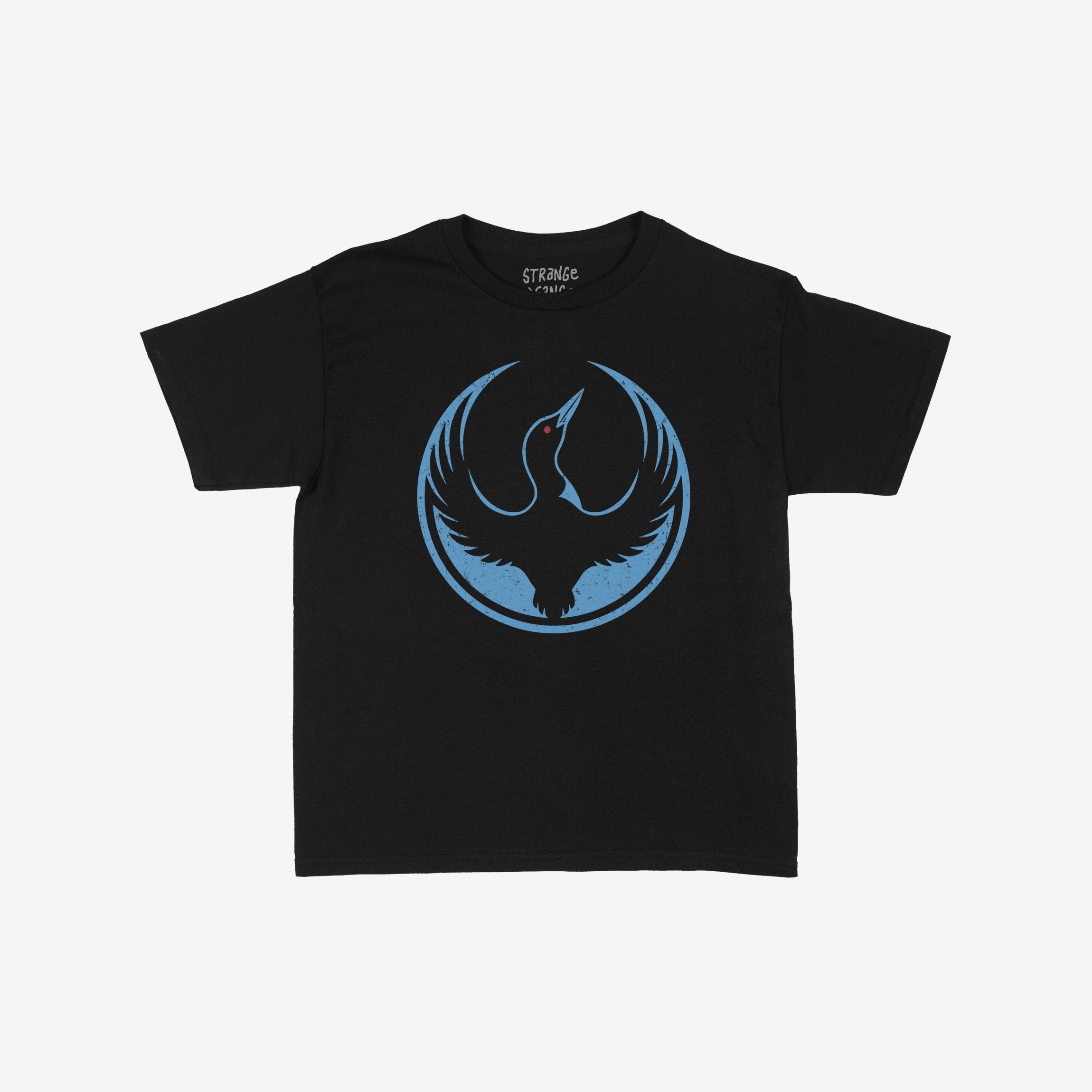 The Minnesota Rebel Alliance Women's Baby Tee features a bold loon emblem in blue with a red eye, symbolizing resistance. The black tee is styled with a Y2K retro cut.
