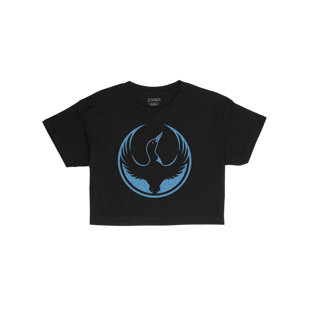 The Minnesota Rebel Alliance Women's Baby Tee features a bold loon emblem in blue with a red eye, symbolizing resistance. The