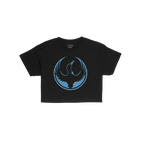 The Minnesota Rebel Alliance Women's Baby Tee features a bold loon emblem in blue with a red eye, symbolizing resistance. The