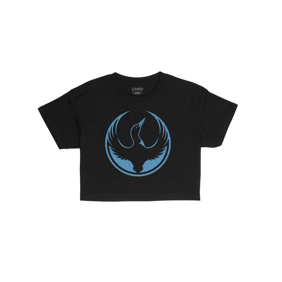 The Minnesota Rebel Alliance Women's Baby Tee features a bold loon emblem in blue with a red eye, symbolizing resistance. The