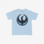 Minnesota Rebel Alliance Women's Baby Tee in light blue, featuring a loon emblem with outstretched wings, symbolizing resistance and equality. The emblem is black with a red eye on a darker blue circle.