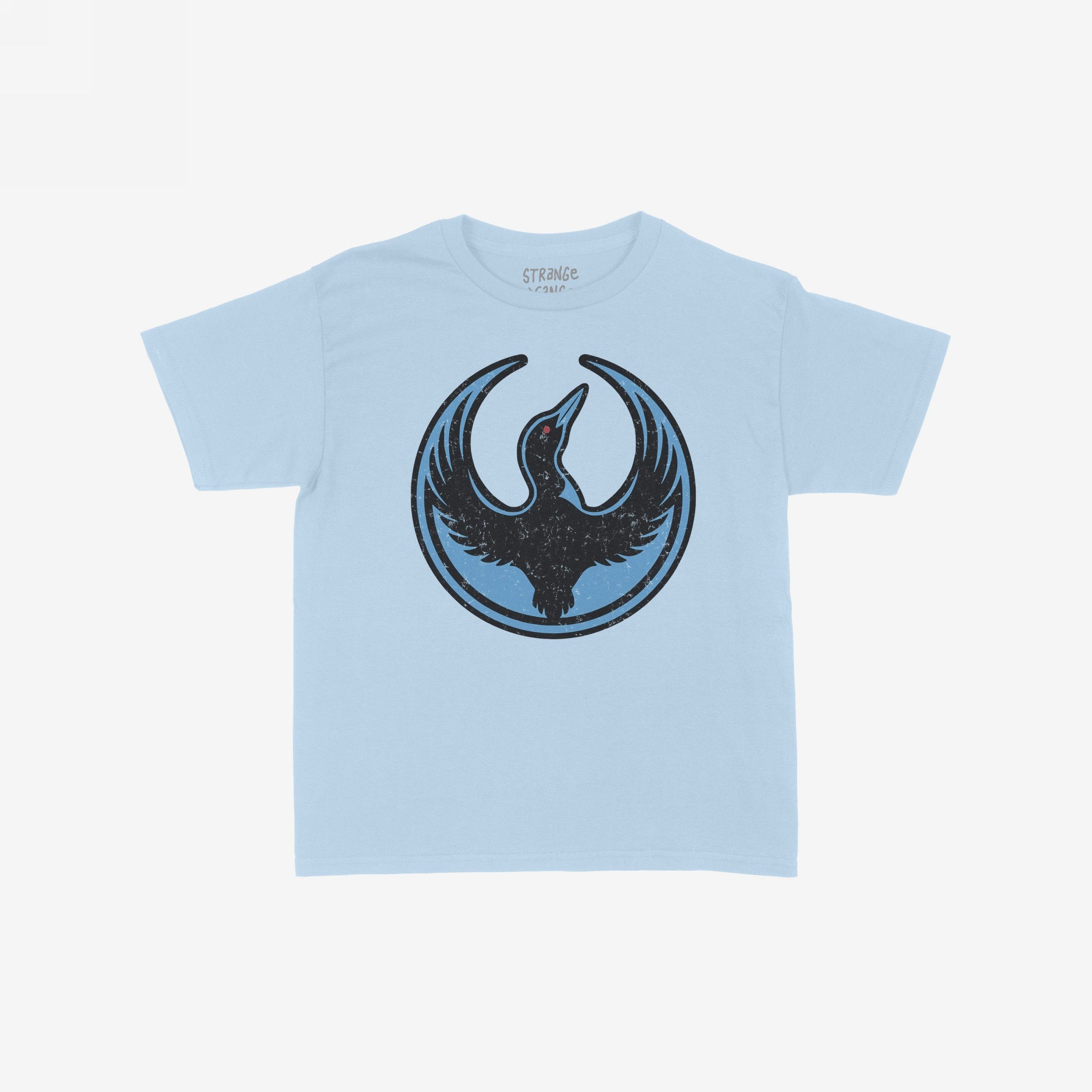 Minnesota Rebel Alliance Women's Baby Tee in light blue, featuring a loon emblem with outstretched wings, symbolizing resistance and equality. The emblem is black with a red eye on a darker blue circle.