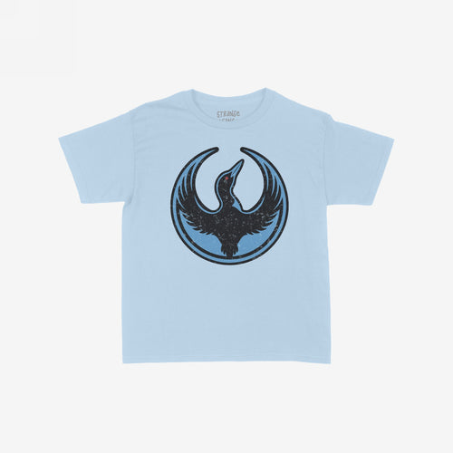Minnesota Rebel Alliance Women's Baby Tee in light blue, featuring a loon emblem with outstretched wings, symbolizing resistance and equality. The emblem is black with a red eye on a darker blue circle.