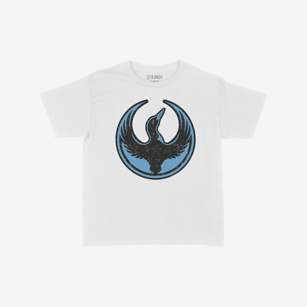 Minnesota Rebel Alliance Women's Baby Tee featuring a stylized loon graphic in a blue circle, conveying a message of resistance and equality. The white tee has a retro fit designed by Bernie Anderson.