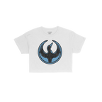 Minnesota Rebel Alliance Women's Baby Tee featuring a stylized loon graphic in a blue circle, conveying a message of resistan