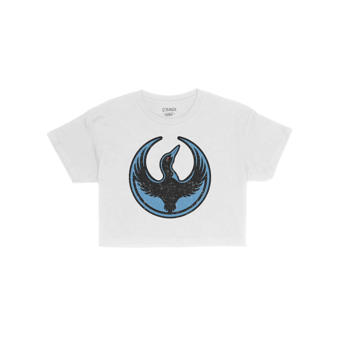 Minnesota Rebel Alliance Women's Baby Tee featuring a stylized loon graphic in a blue circle, conveying a message of resistan