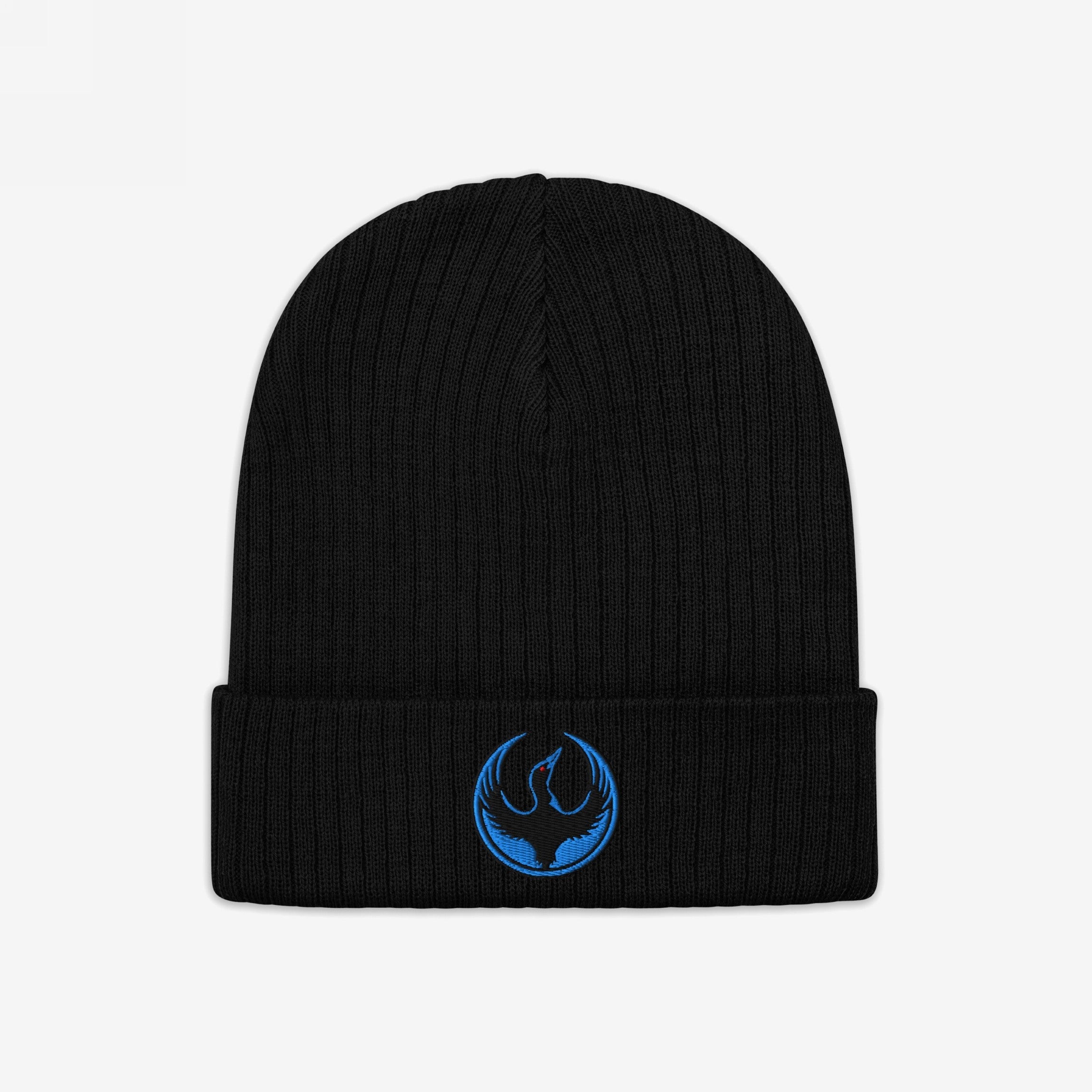Black rib-knit Minnesota Rebel Alliance Hat with folded cuff, featuring an embroidered blue phoenix emblem. Ideal for expressing anti-fascist solidarity and support for equality movements in Minnesota.