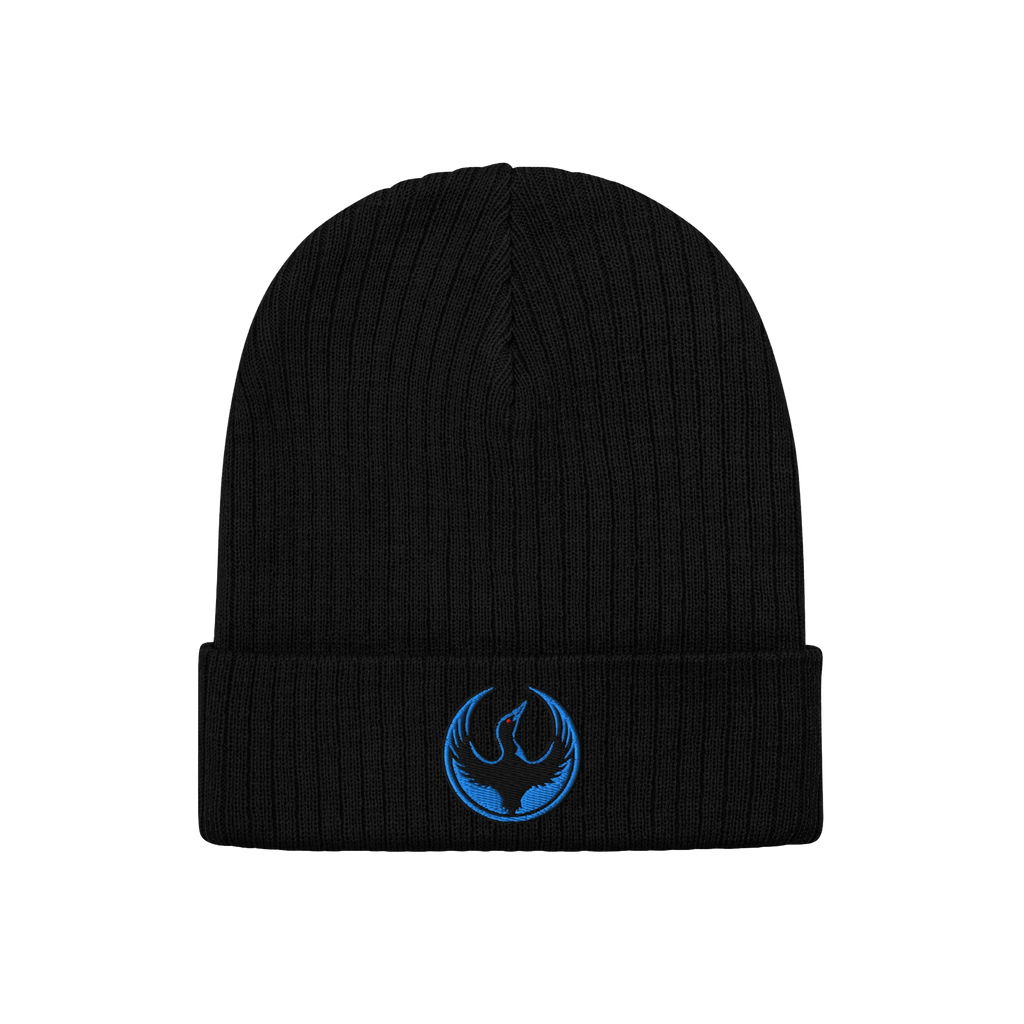 Black rib-knit Minnesota Rebel Alliance Hat with folded cuff, featuring an embroidered blue phoenix emblem. Ideal for express