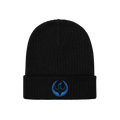 Black rib-knit Minnesota Rebel Alliance Hat with folded cuff, featuring an embroidered blue phoenix emblem. Ideal for express