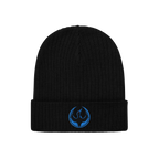 Black rib-knit Minnesota Rebel Alliance Hat with folded cuff, featuring an embroidered blue phoenix emblem. Ideal for express