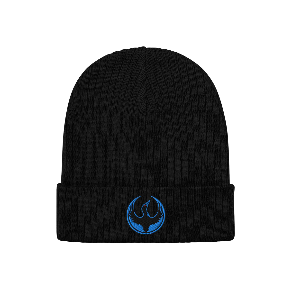Black rib-knit Minnesota Rebel Alliance Hat with folded cuff, featuring an embroidered blue phoenix emblem. Ideal for express