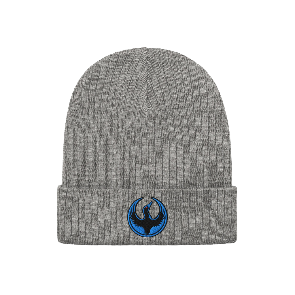 The Minnesota Rebel Alliance Hat features a grey rib-knit beanie with a folded cuff, showcasing an embroidered patch of a sty