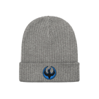 The Minnesota Rebel Alliance Hat features a grey rib-knit beanie with a folded cuff, showcasing an embroidered patch of a sty