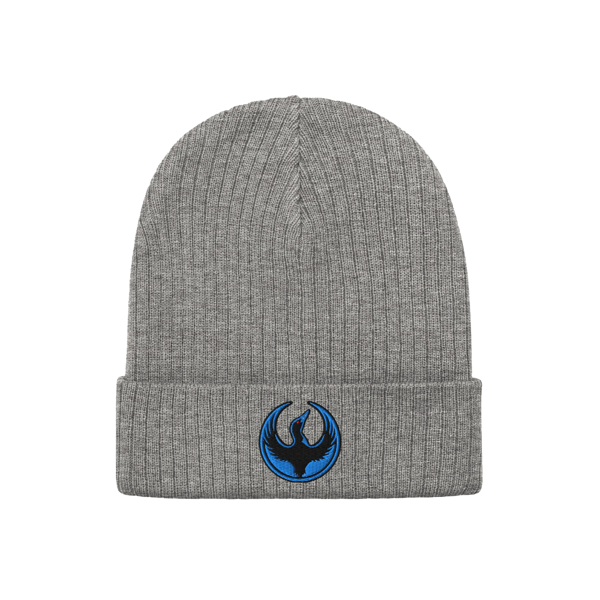 The Minnesota Rebel Alliance Hat features a grey rib-knit beanie with a folded cuff, showcasing an embroidered patch of a sty