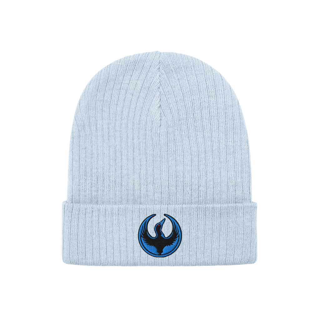 Light-blue Minnesota Rebel Alliance Hat, a ribbed knit beanie with a folded cuff and blue-black embroidered phoenix emblem, r