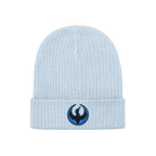 Light-blue Minnesota Rebel Alliance Hat, a ribbed knit beanie with a folded cuff and blue-black embroidered phoenix emblem, r