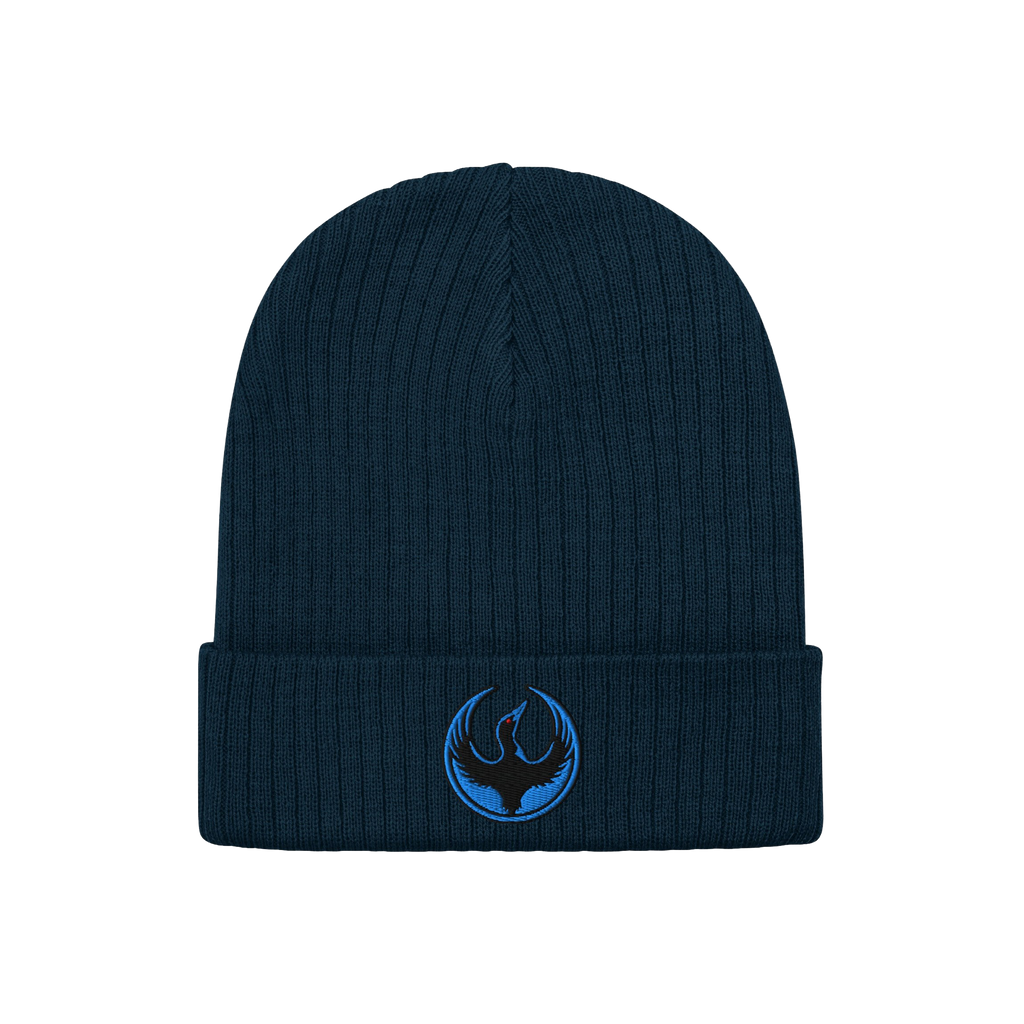 Minnesota Rebel Alliance Hat: A dark navy knit beanie featuring a ribbed texture and a circular emblem with a blue stylized b