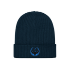Minnesota Rebel Alliance Hat: A dark navy knit beanie featuring a ribbed texture and a circular emblem with a blue stylized b