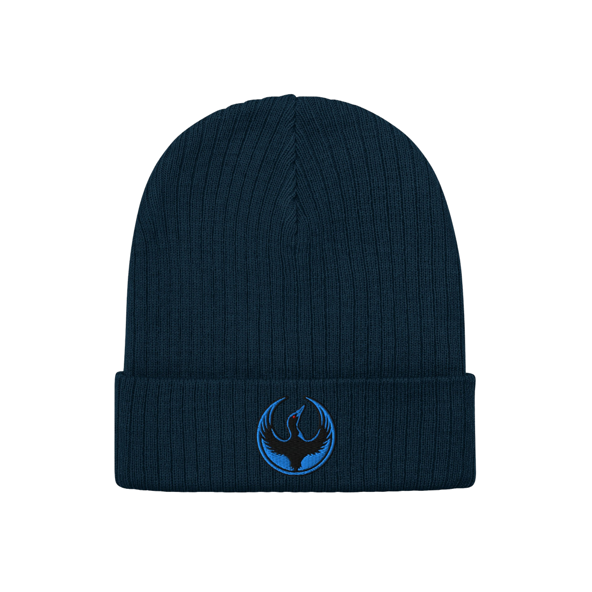 Minnesota Rebel Alliance Hat: A dark navy knit beanie featuring a ribbed texture and a circular emblem with a blue stylized b