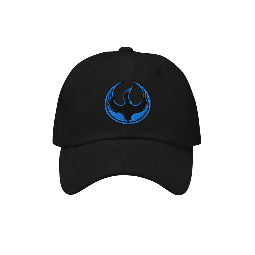 The Minnesota Rebel Alliance Hat features a black baseball cap with a curved brim and an embroidered blue phoenix emblem, emb