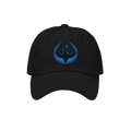 The Minnesota Rebel Alliance Hat features a black baseball cap with a curved brim and an embroidered blue phoenix emblem, emb