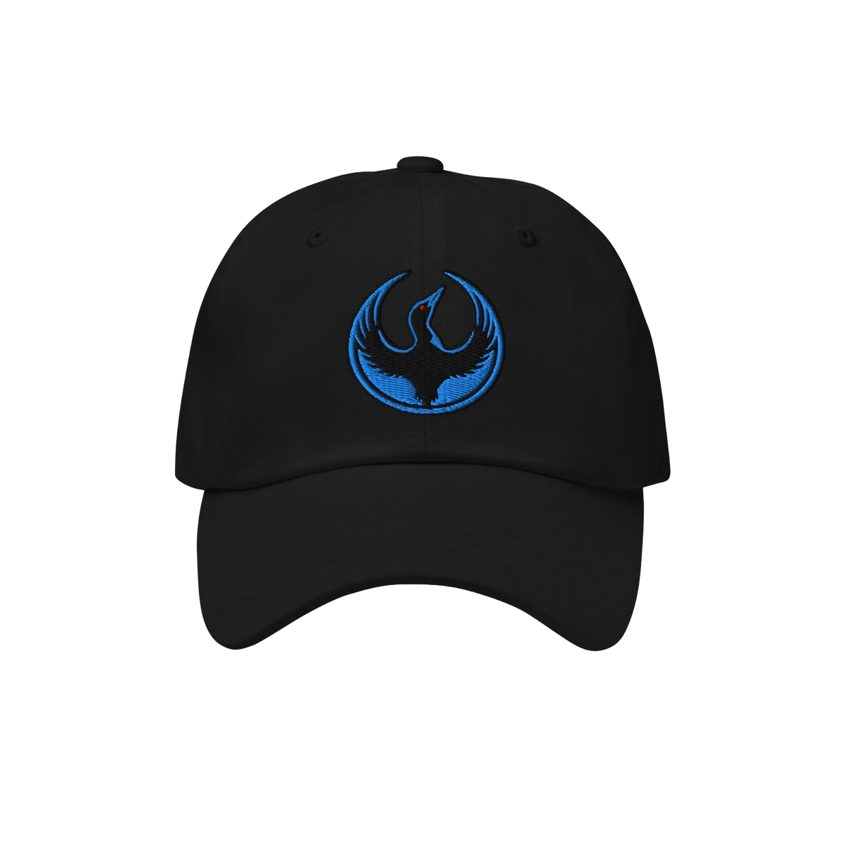 The Minnesota Rebel Alliance Hat features a black baseball cap with a curved brim and an embroidered blue phoenix emblem, emb