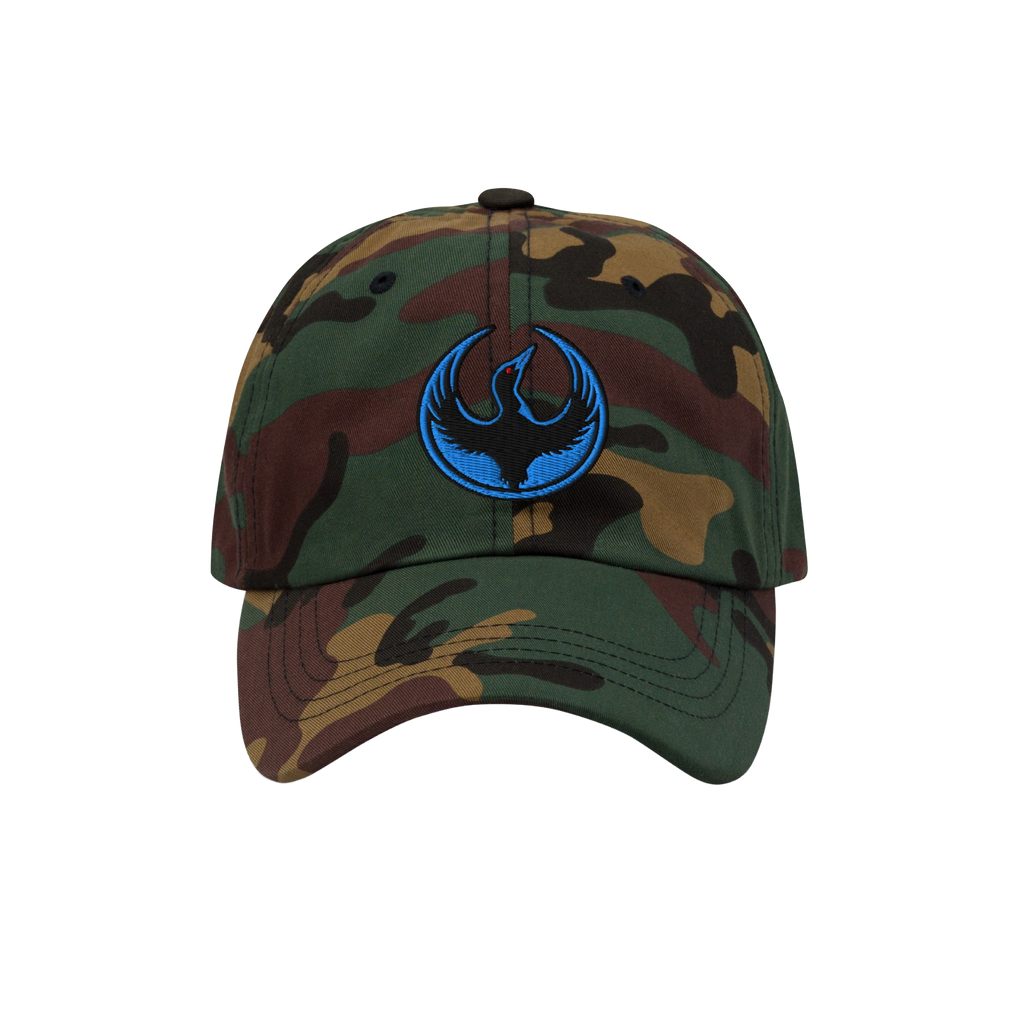 Minnesota Rebel Alliance Hat: Woodland camouflage baseball cap featuring a blue embroidered stylized bird emblem, symbolizing