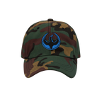 Minnesota Rebel Alliance Hat: Woodland camouflage baseball cap featuring a blue embroidered stylized bird emblem, symbolizing