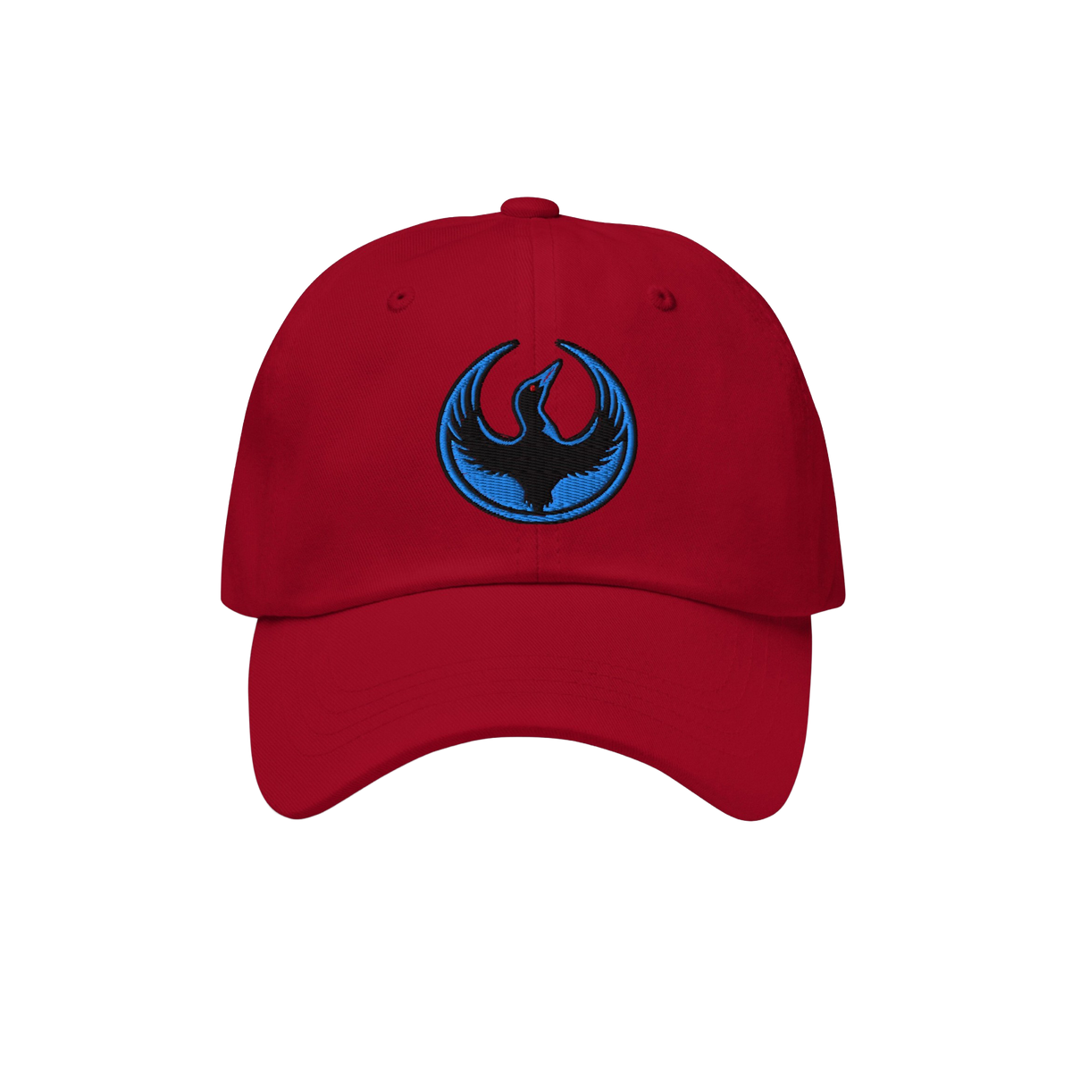 Minnesota Rebel Alliance Hat featuring a classic red design with an embroidered emblem of a stylized black bird with outstret