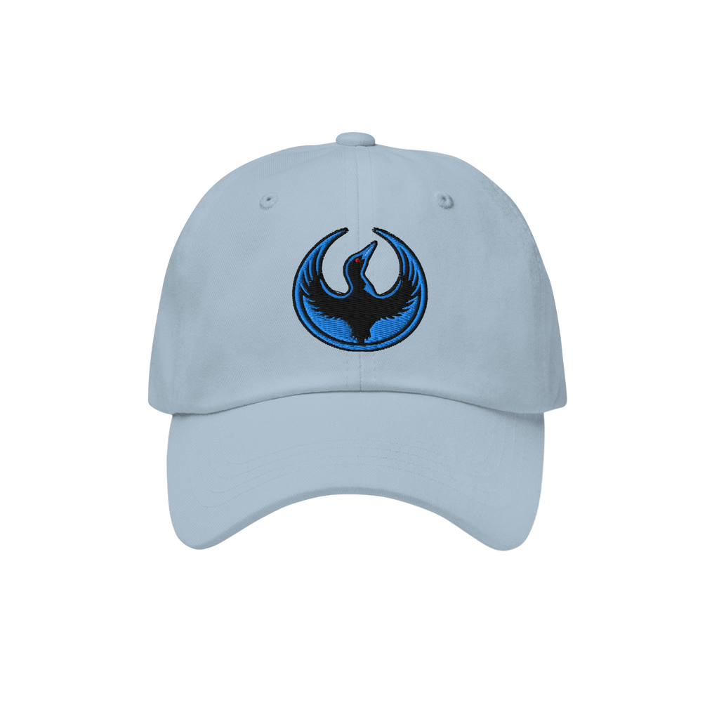 Minnesota Rebel Alliance Hat: Light-blue baseball cap with an embroidered black bird logo, representing anti-fascist support 