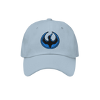 Minnesota Rebel Alliance Hat: Light-blue baseball cap with an embroidered black bird logo, representing anti-fascist support 