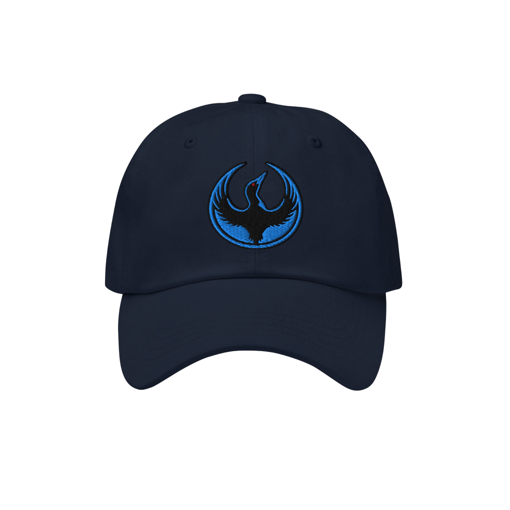 Minnesota Rebel Alliance Hat: Navy-blue baseball cap with a stylized bird emblem in black and blue embroidery, embodying a pr