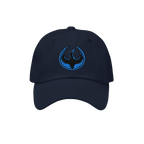 Minnesota Rebel Alliance Hat: Navy-blue baseball cap with a stylized bird emblem in black and blue embroidery, embodying a pr