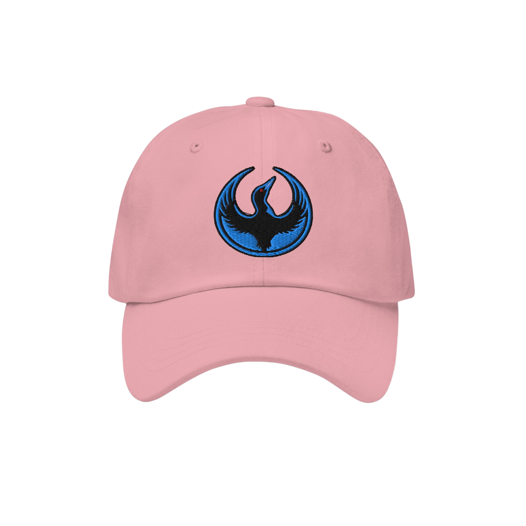 Minnesota Rebel Alliance Hat: light-pink cap with a stylized phoenix logo in electric-blue and black embroidery, symbolizing 