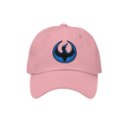 Minnesota Rebel Alliance Hat: light-pink cap with a stylized phoenix logo in electric-blue and black embroidery, symbolizing 