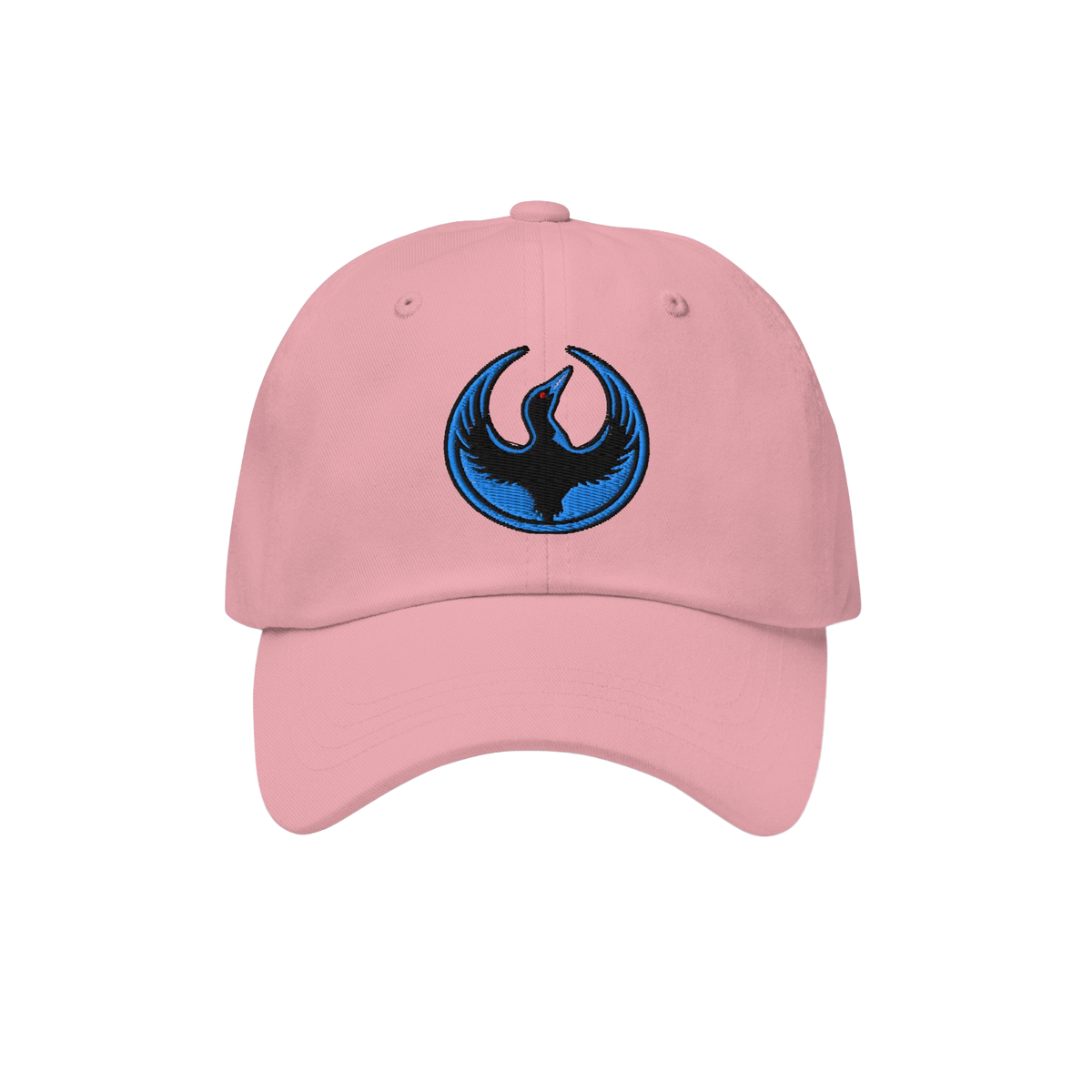 Minnesota Rebel Alliance Hat: light-pink cap with a stylized phoenix logo in electric-blue and black embroidery, symbolizing 