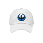 Minnesota Rebel Alliance Hat: A white dad hat featuring an embroidered circular emblem with a stylized bird silhouette agains