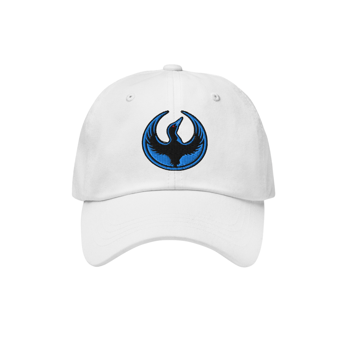 Minnesota Rebel Alliance Hat: A white dad hat featuring an embroidered circular emblem with a stylized bird silhouette agains