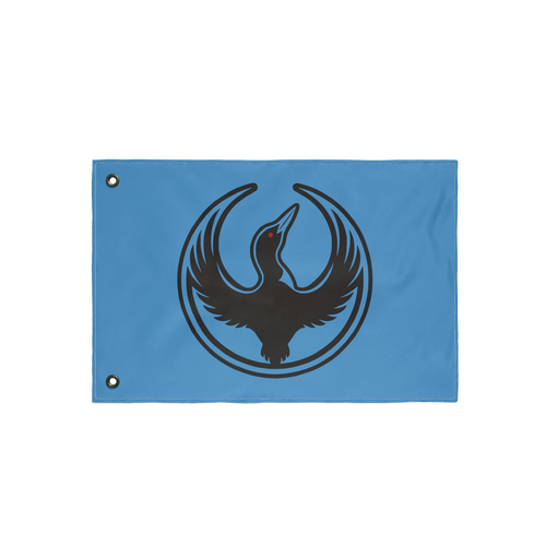 Minnesota Rebel Alliance Flag featuring a black loon silhouette with a red eye, encircled by its wings, on a sky-blue backgro