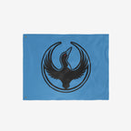 Minnesota Rebel Alliance Flag features a stylized black loon with raised wings and a red eye, symbolizing resistance against injustice, printed on a light-blue field. Ideal for porches, protests, and allies.
