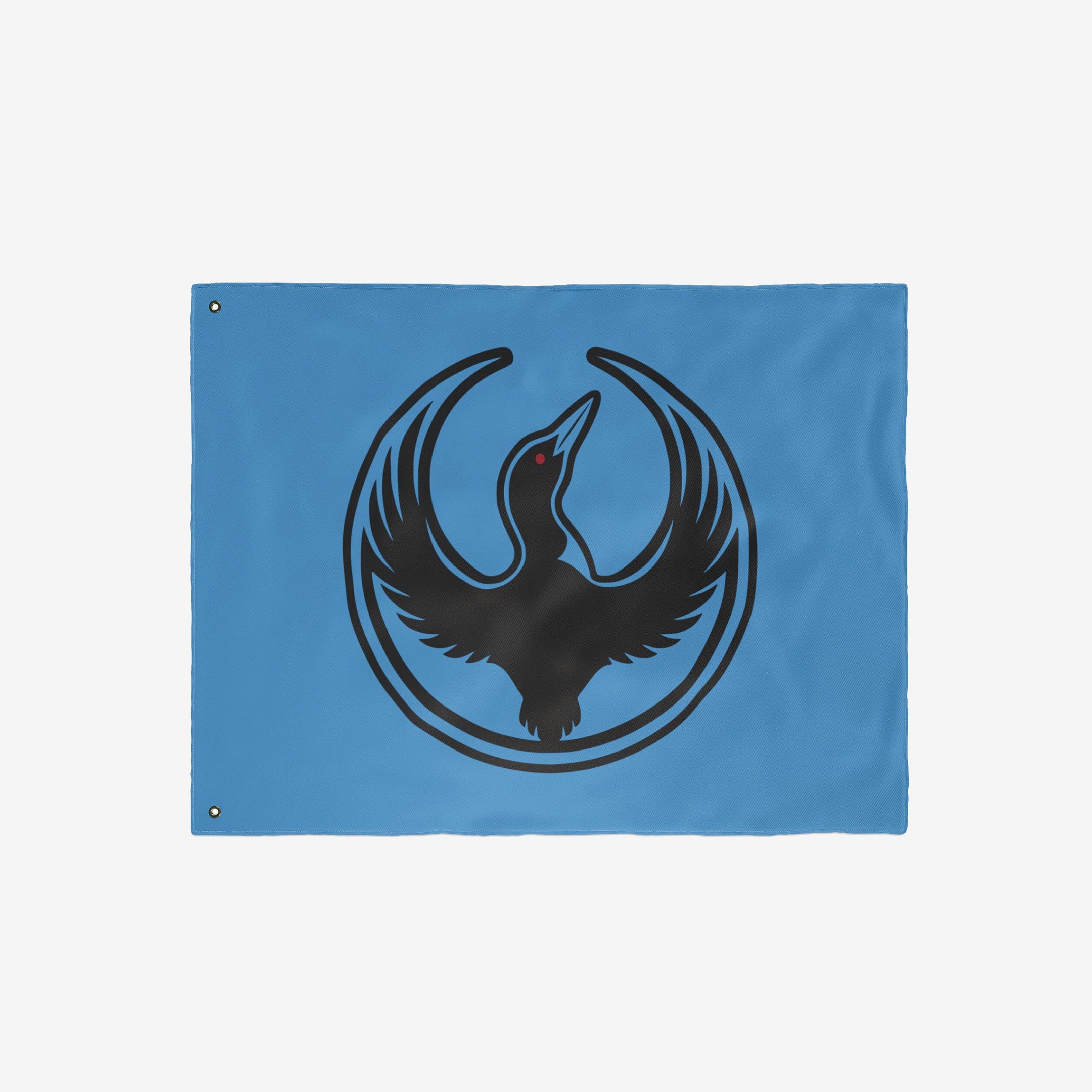 Minnesota Rebel Alliance Flag features a stylized black loon with raised wings and a red eye, symbolizing resistance against injustice, printed on a light-blue field. Ideal for porches, protests, and allies.