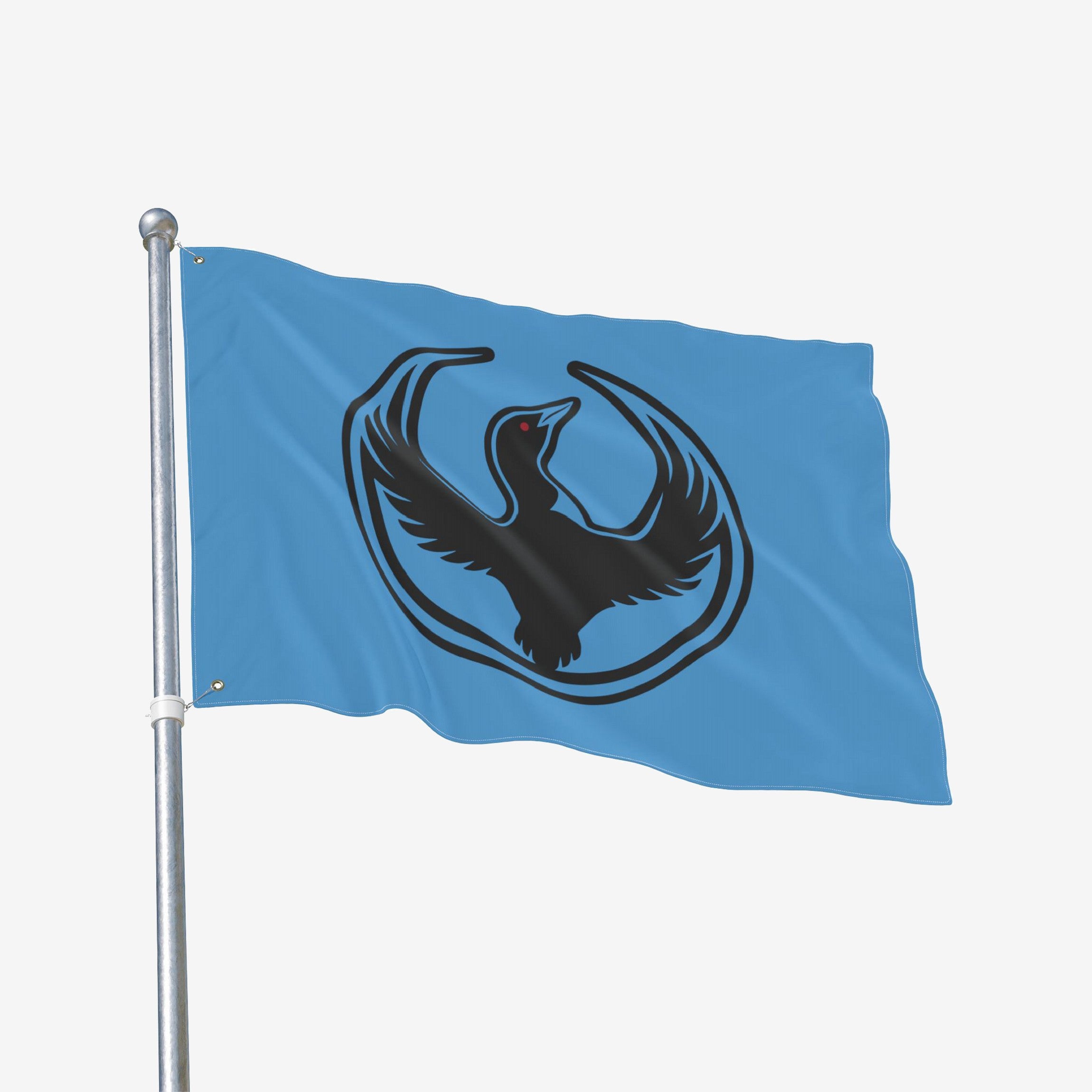 Minnesota Rebel Alliance Flag featuring a stylized black loon with red eye on a light-blue background, encircled by an oval. Represents resistance and equality.